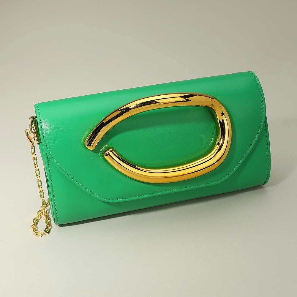 Green Gold Formal Bold Hardware Leather CrossBody Clutch Purse Bag